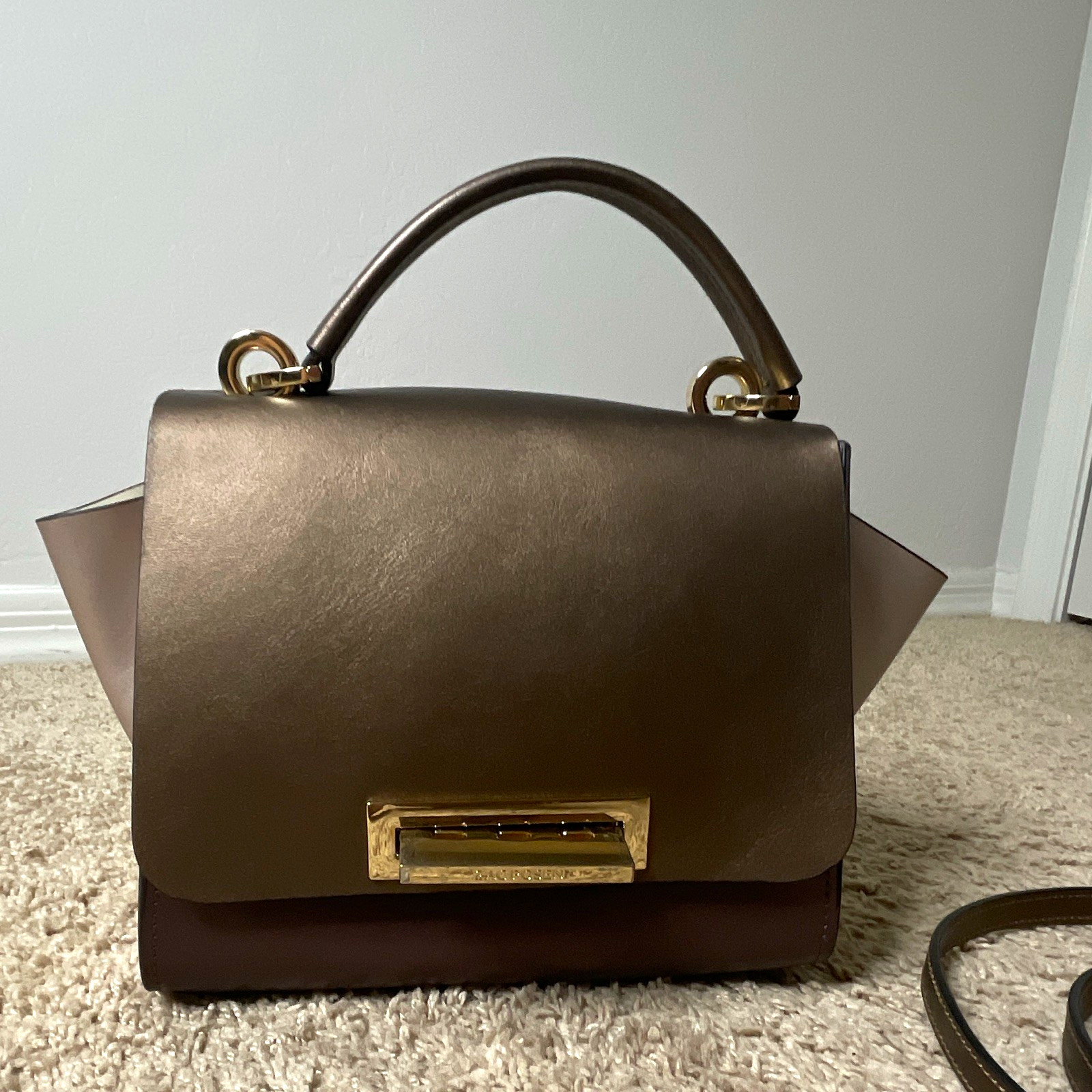 Zac Posen Brown Satchel Top Handle Detach Strap Turn Lock Gold Hardware Small