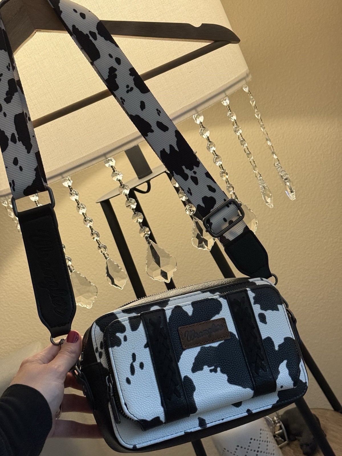 Wrangler Cow Print Crossbody Bag Braided Logo Accent Black White Silver Hardware