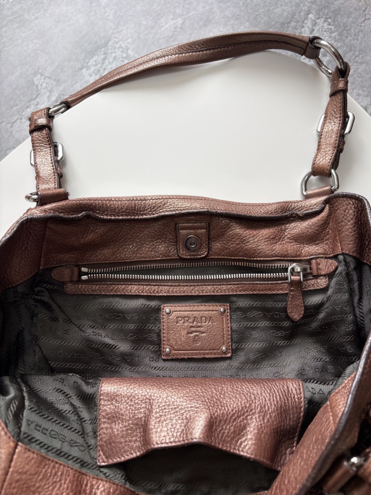Vintage PRADA Vitello Daino Leather Naplak Bronze Handbag Shoulder Bag Used