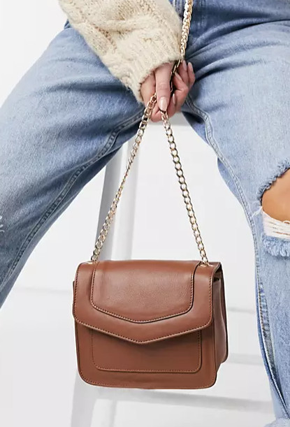 Urbancode Leather Cross-Body Bag With Gold Clasp In Tan 7.25×5.5×3.5
