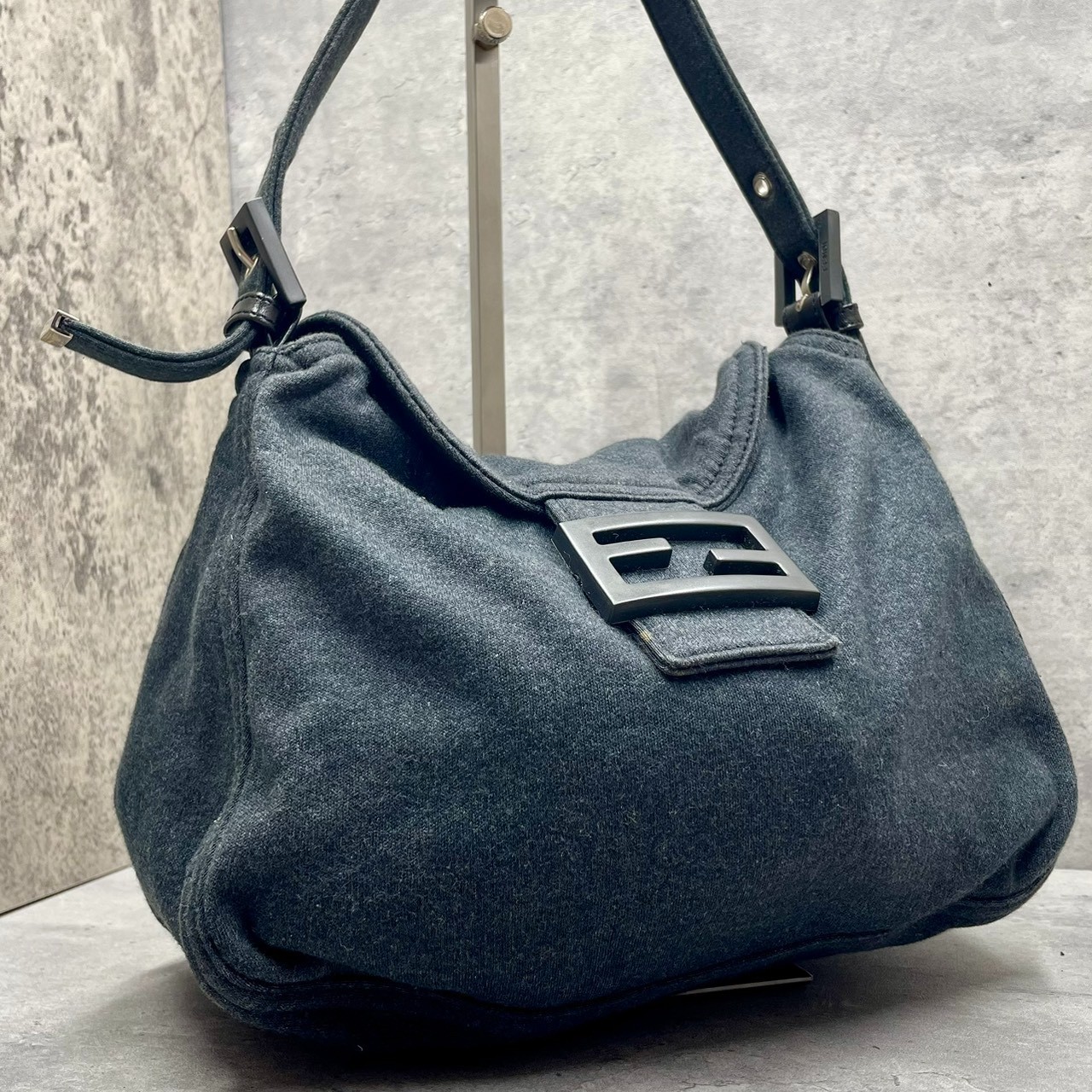 FENDI Mamma Baguette Shoulder Bag Cotton Gray Auth