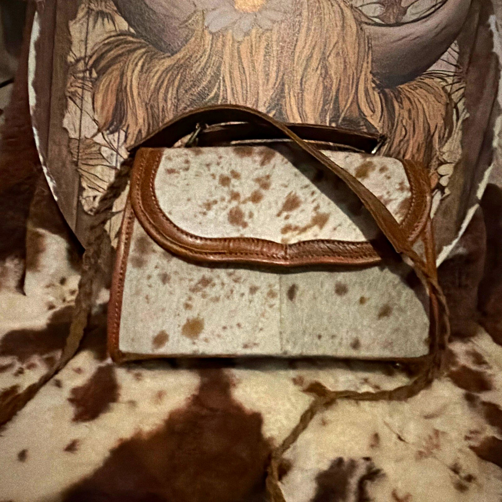 Western Cow Print Shoulder Bag Purse Top Handle Strap Zip Lined Pockets Med
