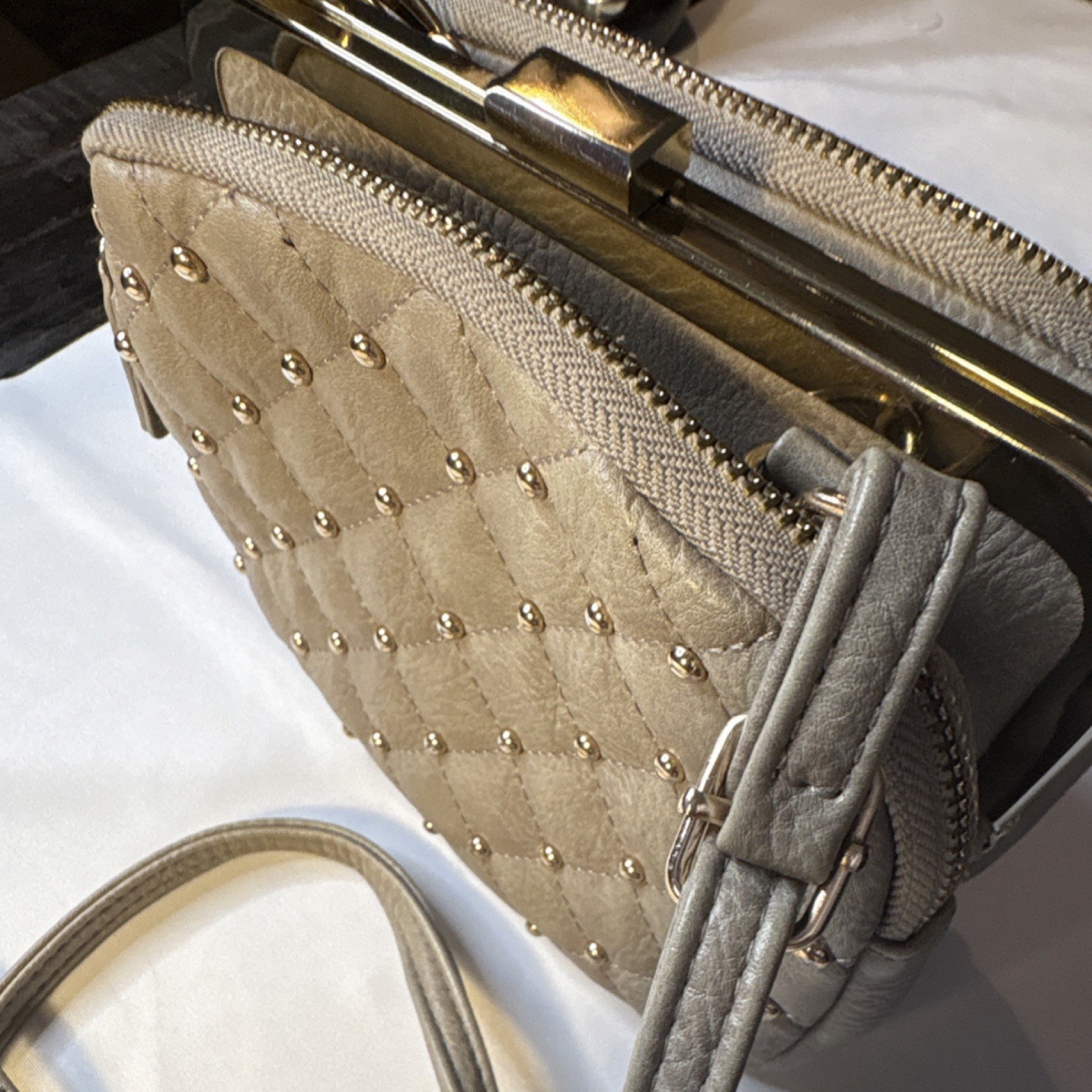 Street Level Gray Studded Quilted Shoulder Bag with Zip & Kiss Lock Closure