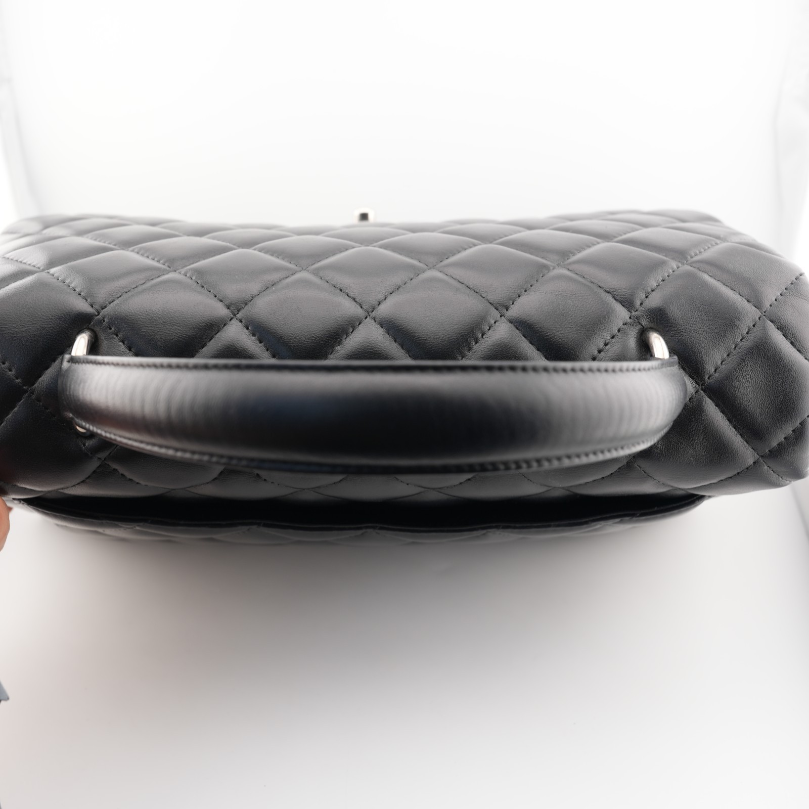 Chanel Quilted Lambskin Leather Black Top Handle Bag Silver Tone