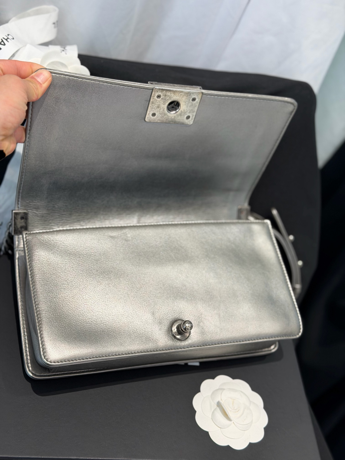 Authentic Chanel Le Boy Medium Stingray Leather Shoulder Bag Silver eBay AG