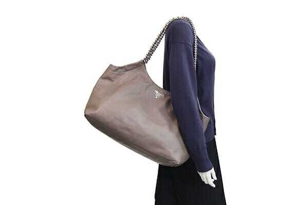 Prada tote bag dark Greige Gray leather chain shoulder strap