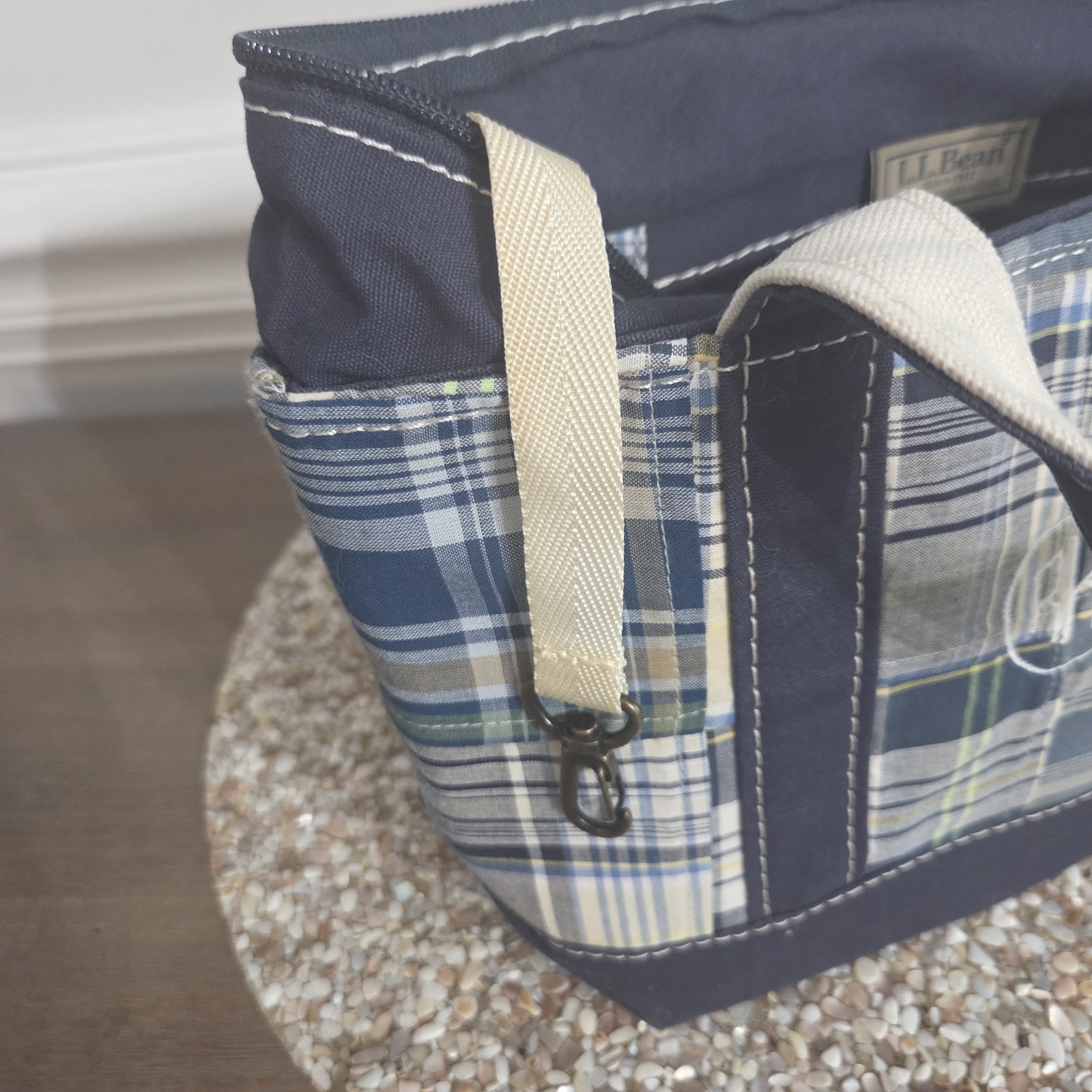 LL Bean Mini Boat & Tote Bag Plaid Patchwork Blue Handles Zip Close 10Lx8Hx4W