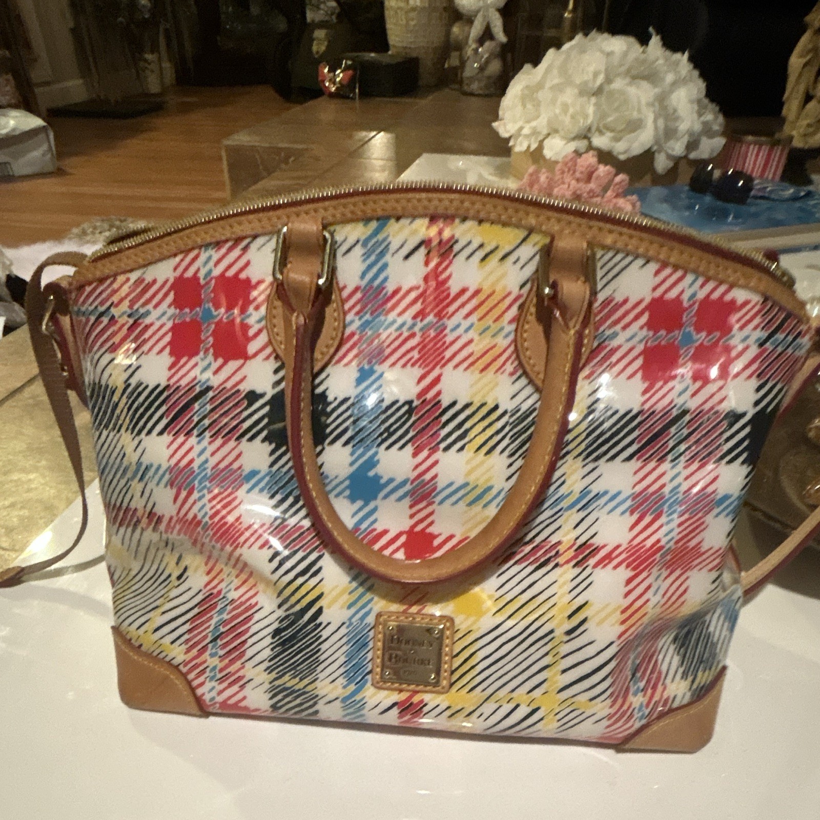 Dooney & Bourke Plaid Multicolor Satchel Top Handle Zip w/ Strap Red Lined