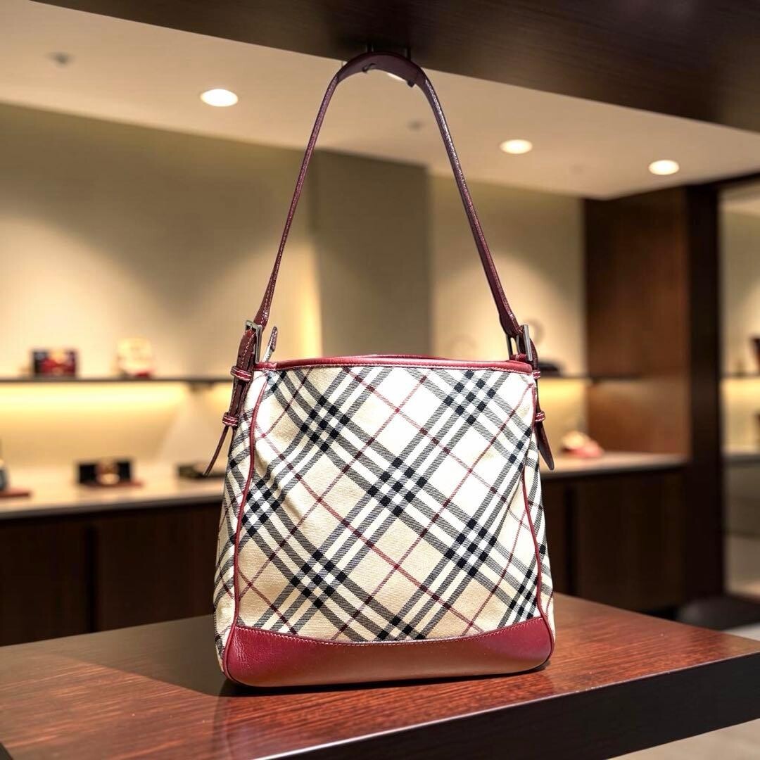 Burberry Nova Check Red Leather Shoulder Bag Zip Women Handbag 28cm 27cm
