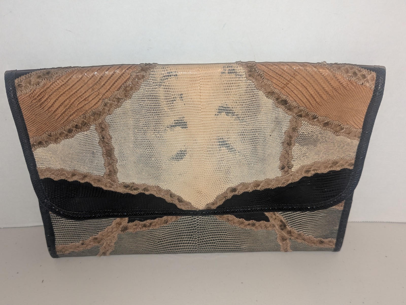 Vintage Carlos Falchi Brown Beige Black Snakeskin Clutch