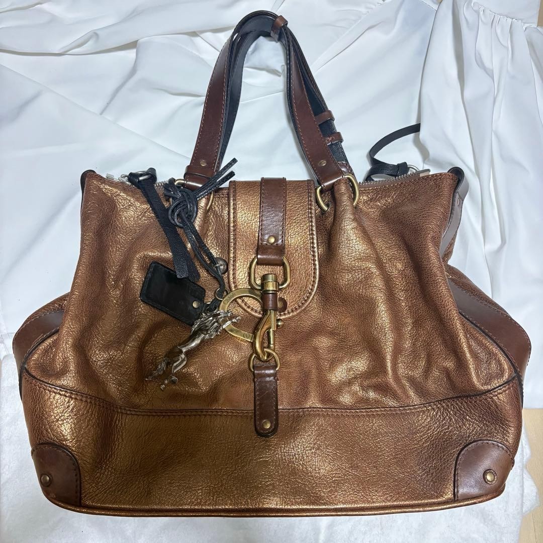 Auth Chloe Kerala Leather Charm Shoulder Tote cute Bag Bronze Gold Brown France