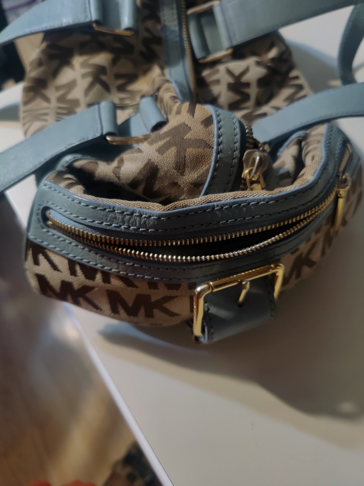 Michael Kors Monogram Zip-Top Satchel Blue Beige Brown Gold Hardware Pockets