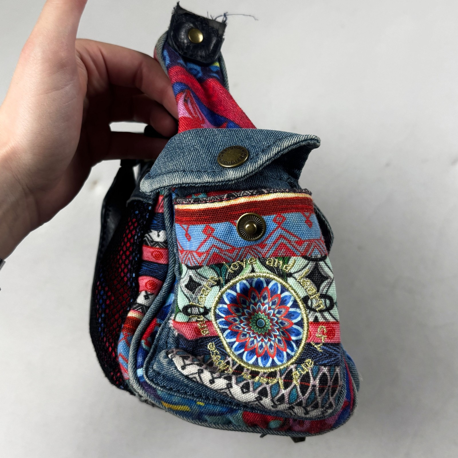 VTG Desigual Y2K Patchwork Denim Floral Multi Pocket Handbag Colorful Boho Bag