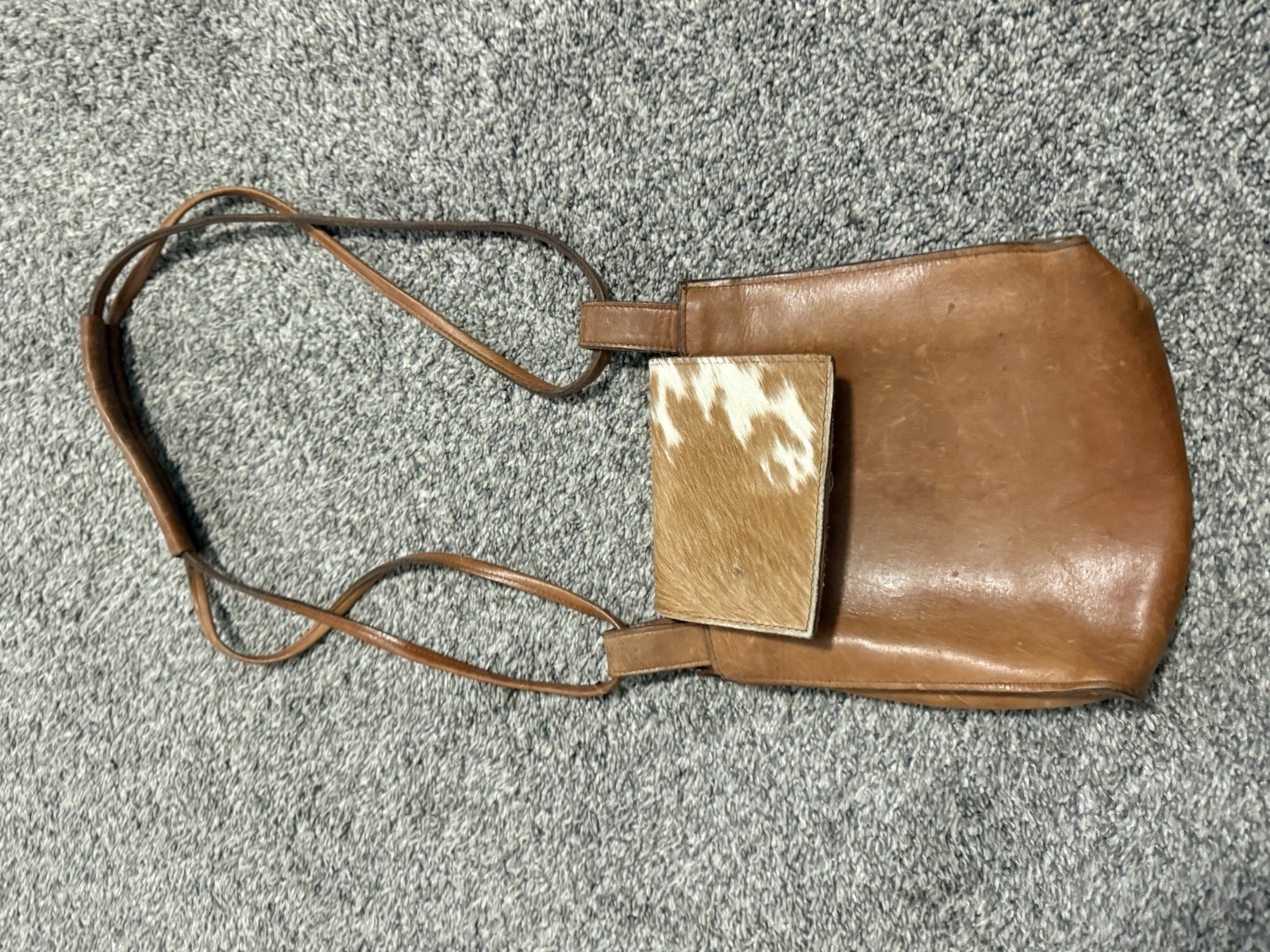 Two Bar West Purse with Strap Cowhide Brown & White Leather