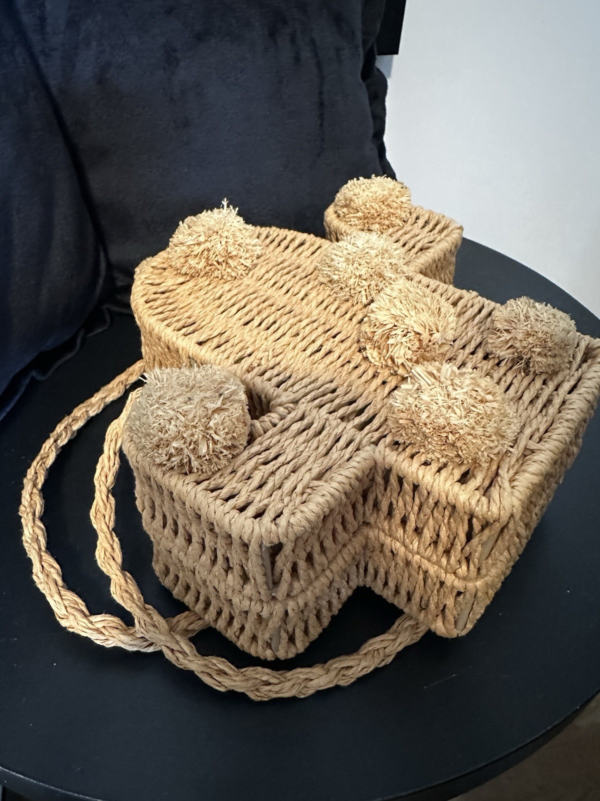 Cactus Woven Straw Raffia Crossbody Bag Beige Pom Pom