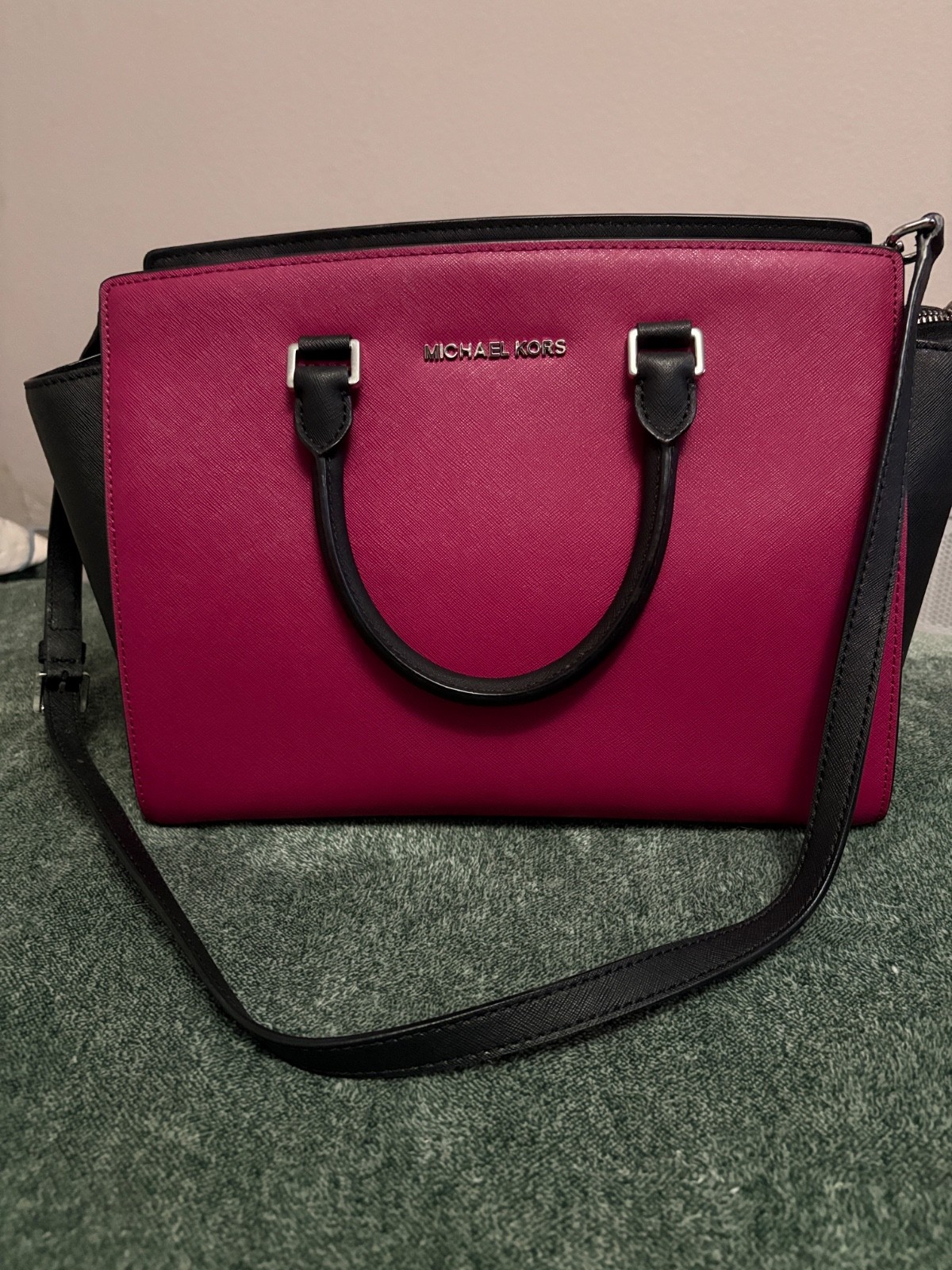 MICHAEL KORS Selma Fuchsia and Black Color Block Leather Crossbody Satchel Bag