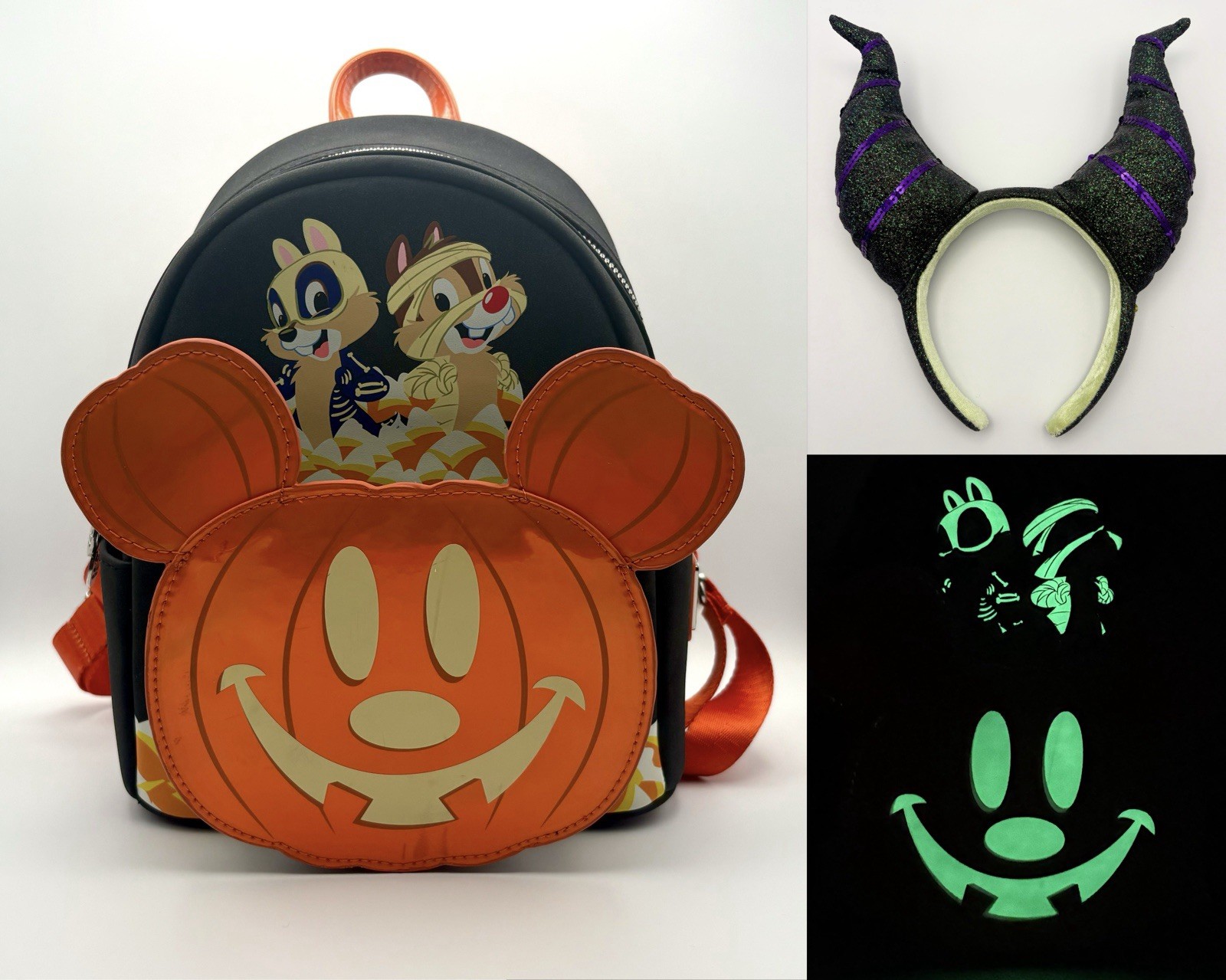 Loungefly Disney Chip Dale Mickey Pumpkin Backpack Glow Dark Halloween + Horns