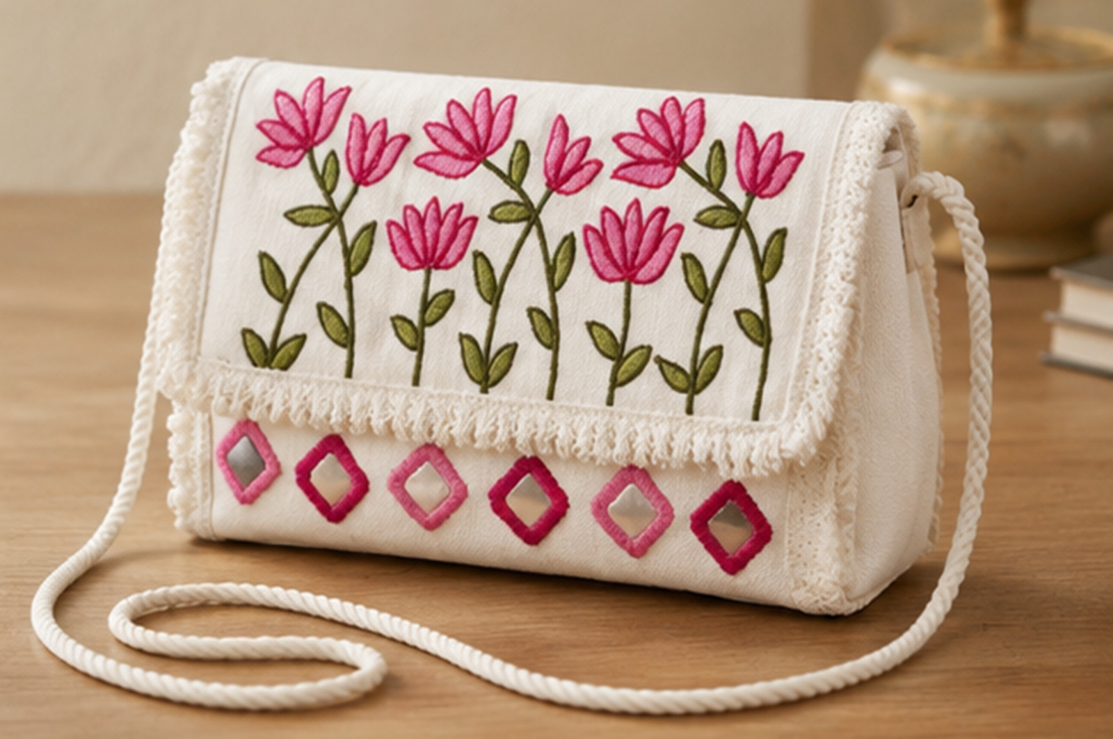 Hand Embroidered Floral Clutch Bag, Handmade Cotton Sling Purse