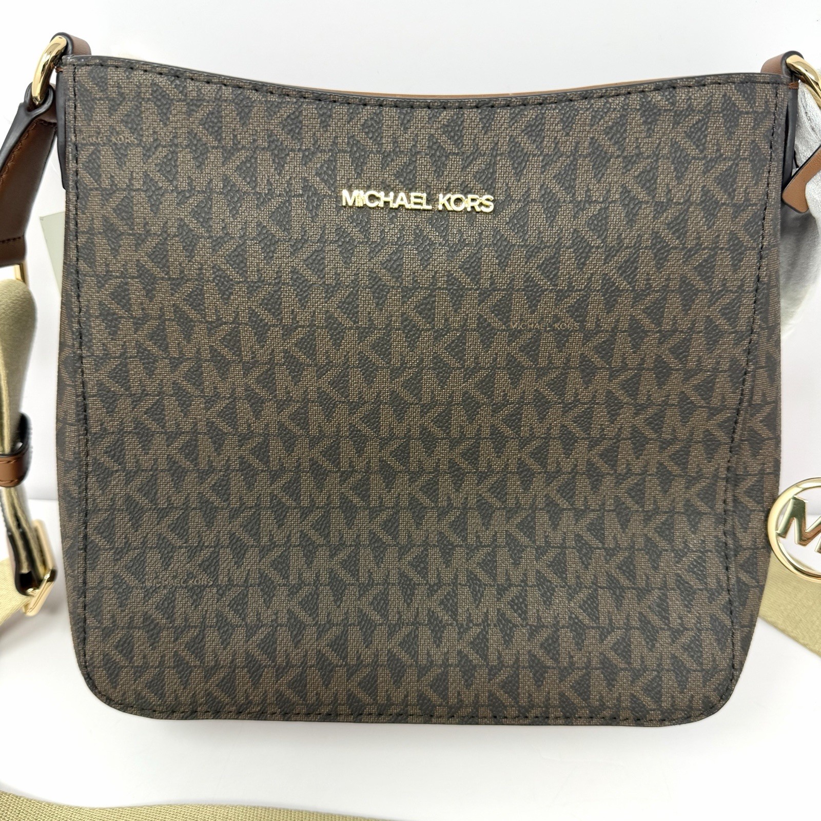 Michael Kors Jet Set Travel Small Crossbody Bag MK Logo Monogram Brown Charm NWT