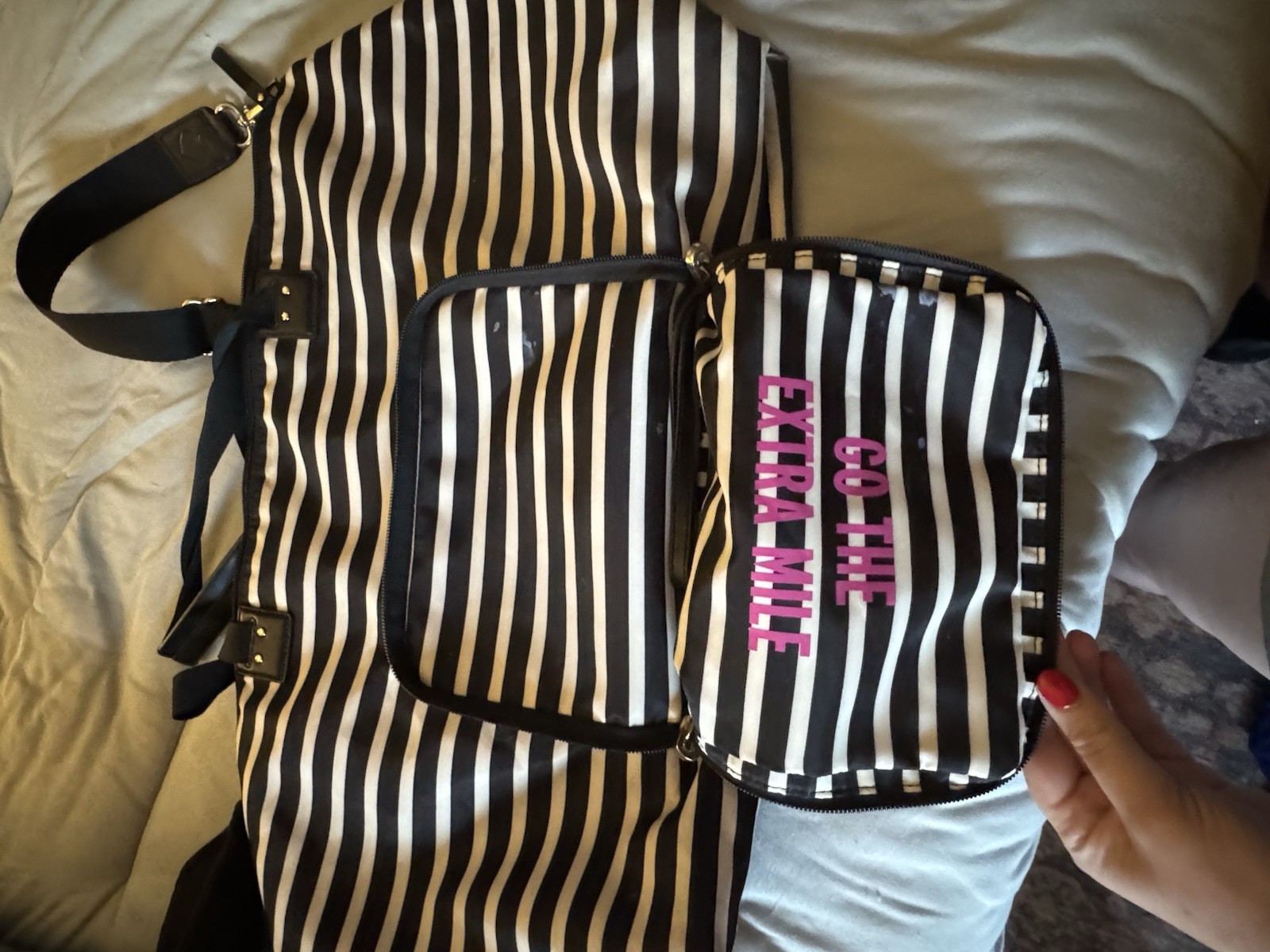 kate spade Watson Lane Lyla Black & White Stripes Nylon Packable Weekender Bag