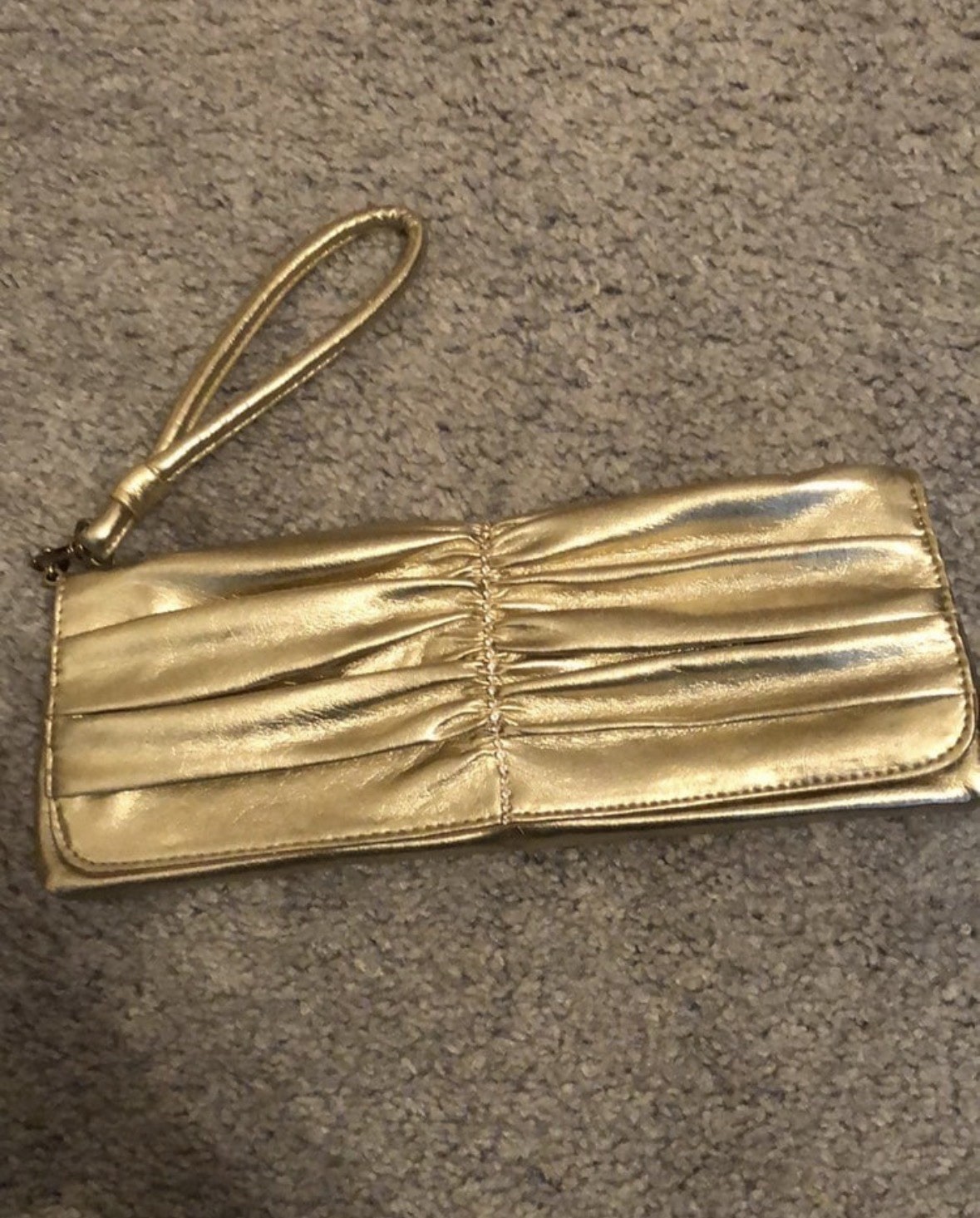 Metallic Gold Pleated Wristlet Clutch Purse Snap Closure Lined Inner Pockets