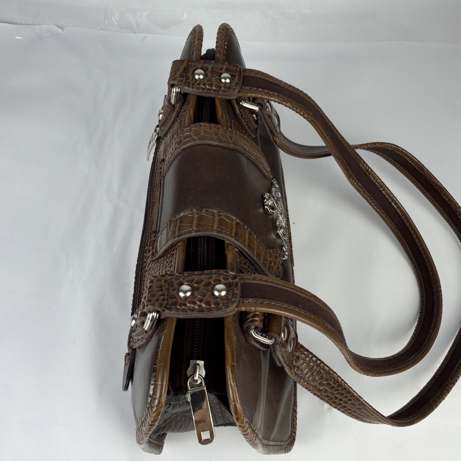 Marc Chantal (M.C.) Croc-Embossed Brown Leather Shoulder Bag 11.5x7x5.25in