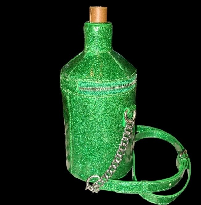 3D Witches Potion Black Cat Green Glittered Crossbody Bag Goth Purse Halloween
