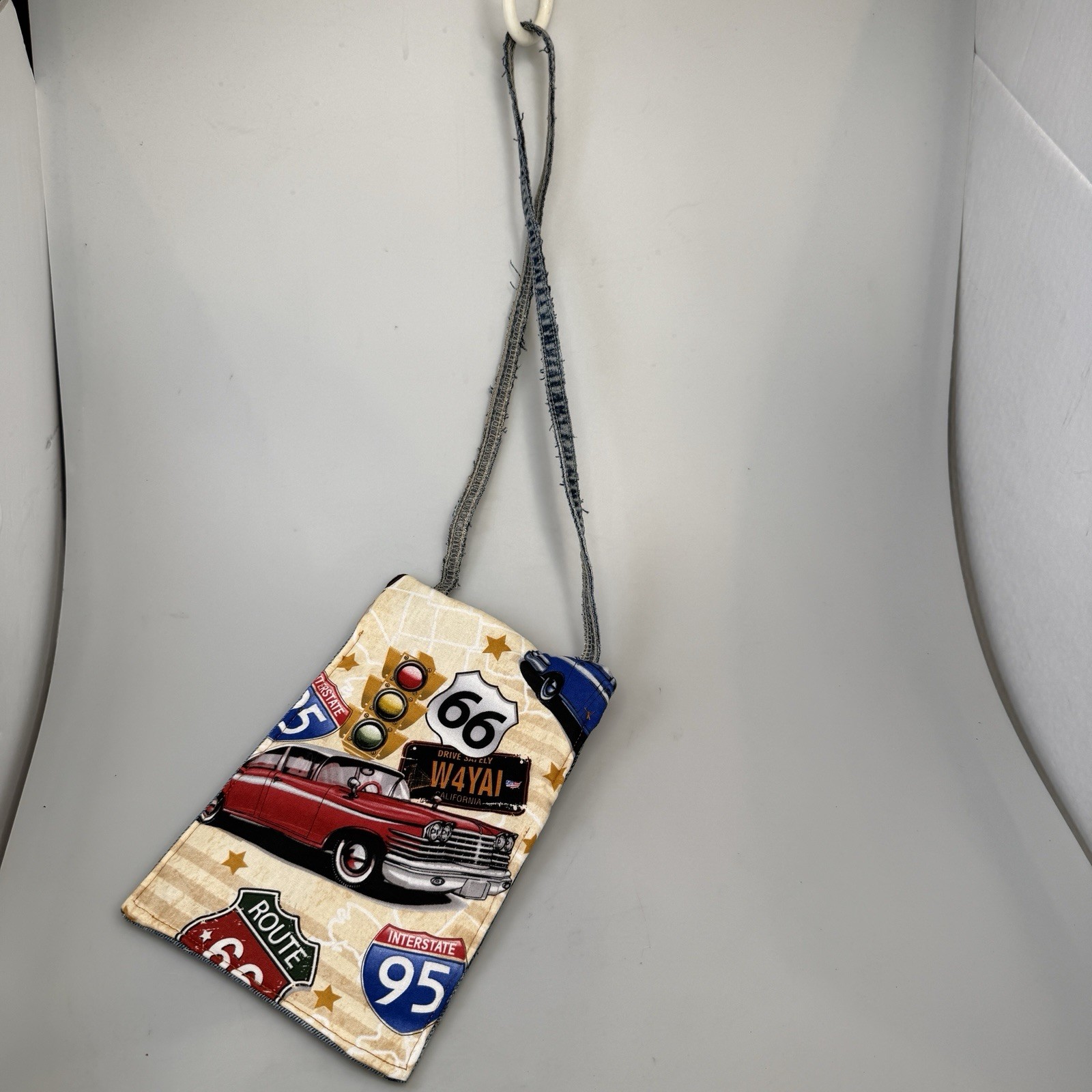 Handmade Route 66 57 Chevys Upcycled Jeans Pocket Crossbody Phone Pouch EUC