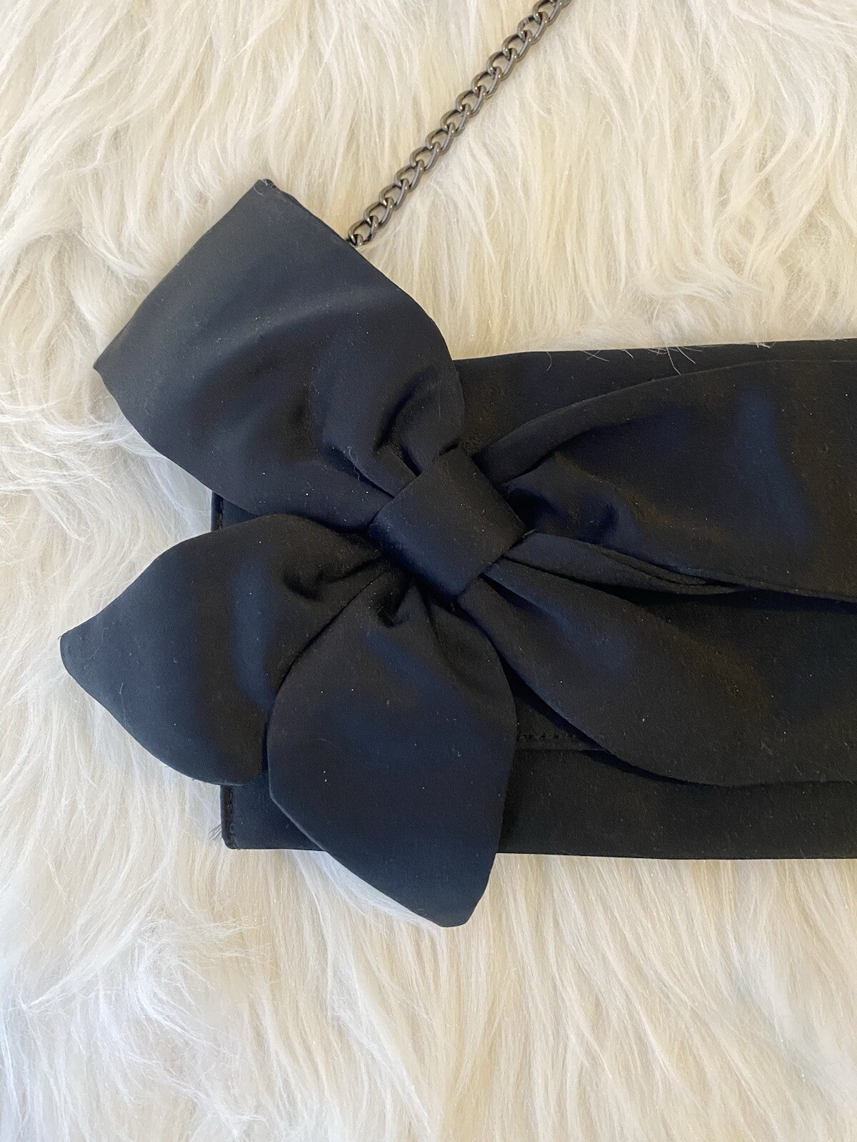 White House Black Market Black Satin Clutch Purse Bow Accent Chain Strap NWT