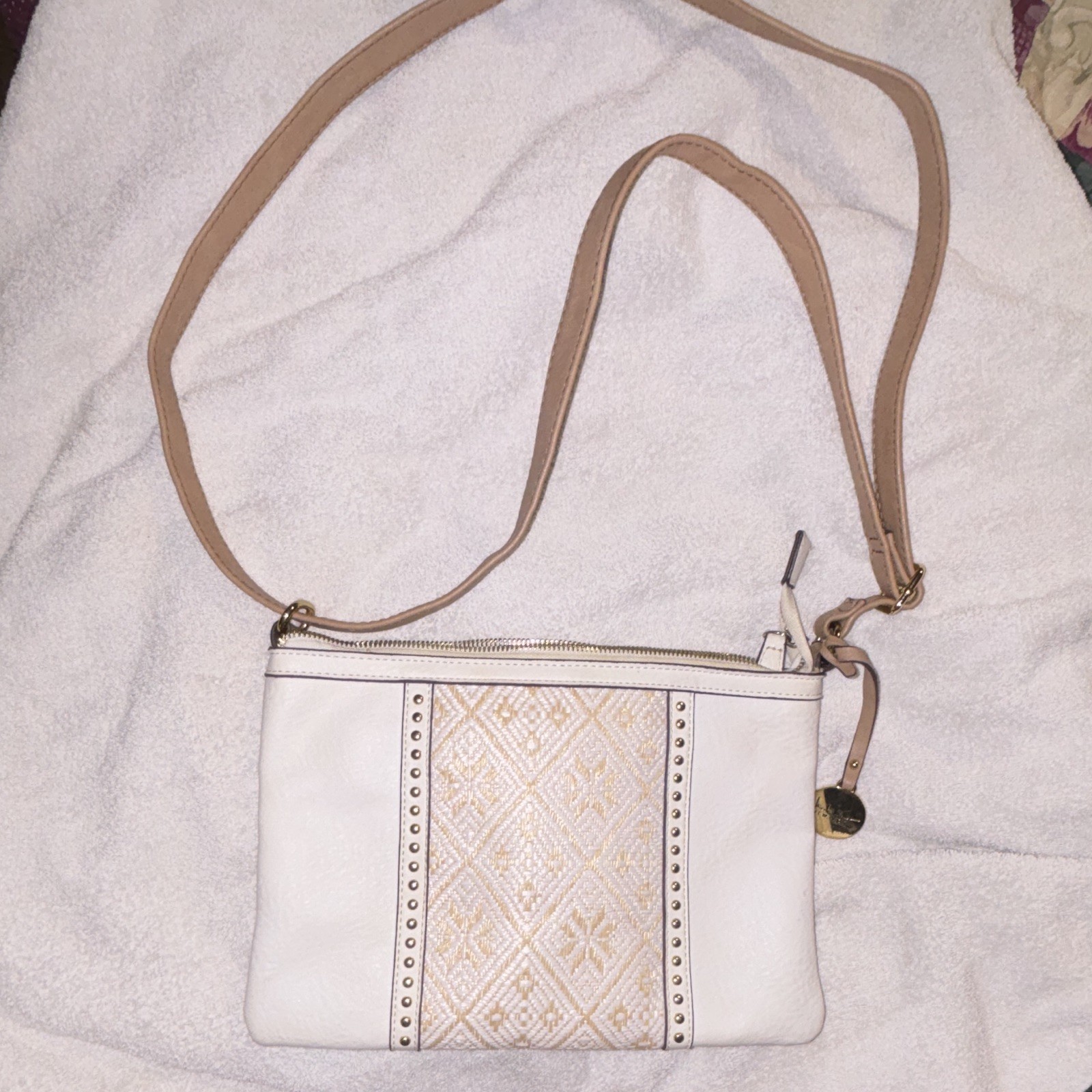 Nicole Miller New York White/Beige Geometric Crossbody Bag Zip Studded Pockets