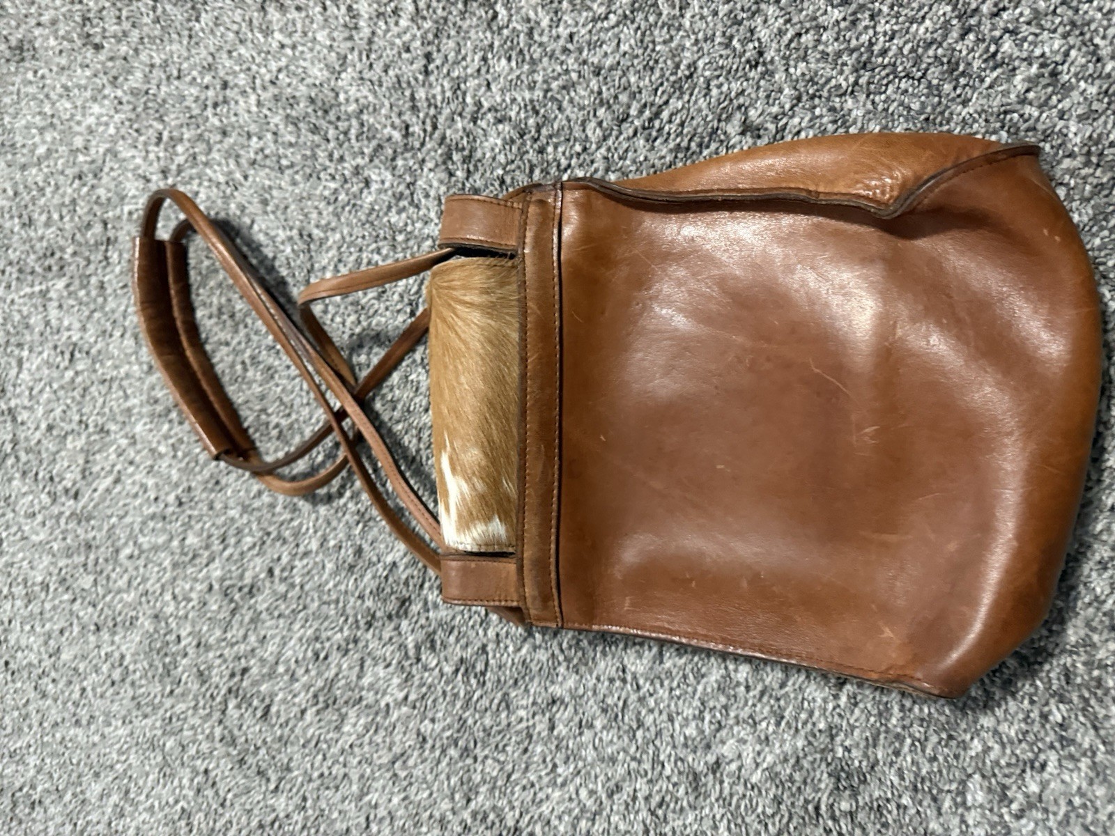 Two Bar West Purse with Strap Cowhide Brown & White Leather
