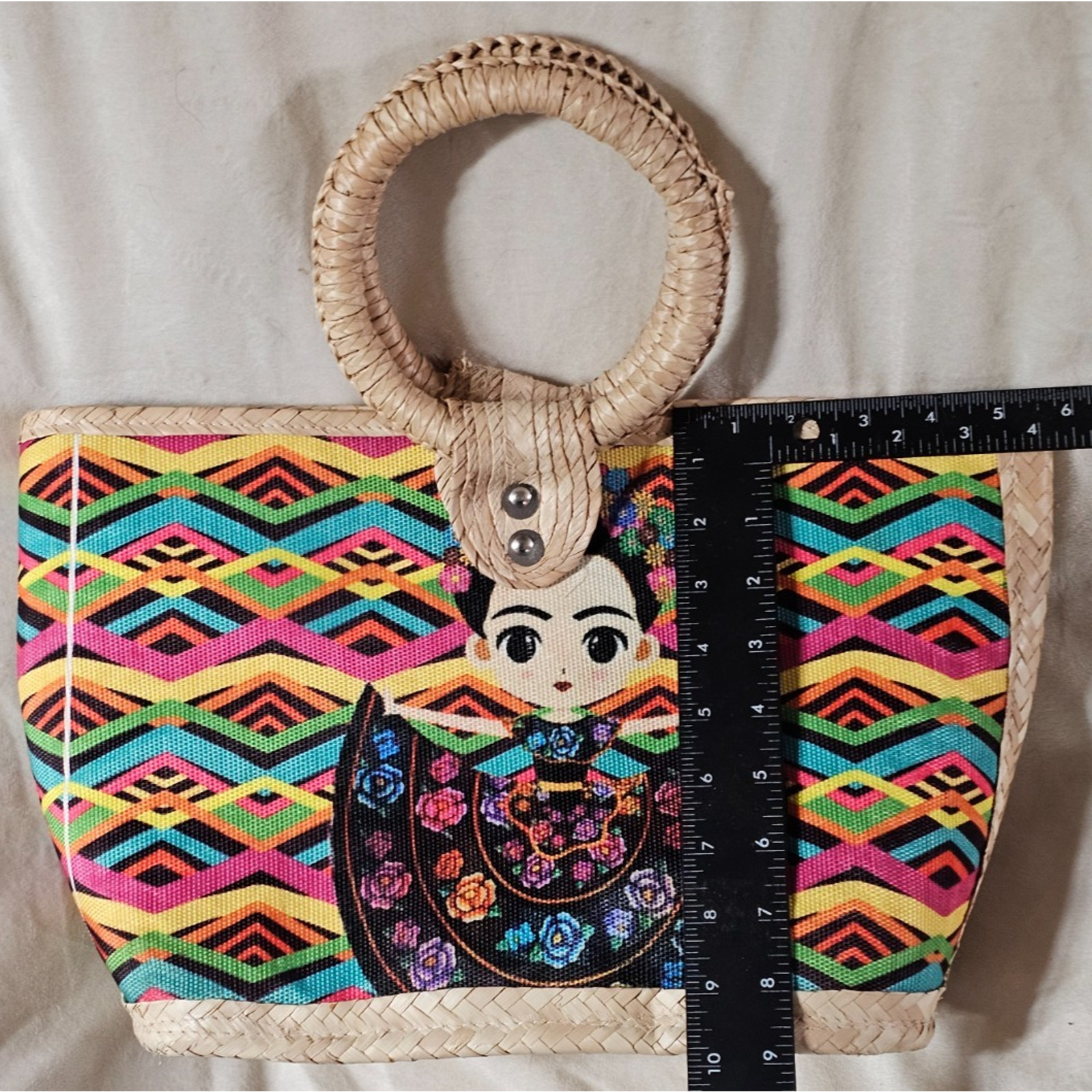 Authenticate Frida Kahlo Mexican Handbag/Purse Multi Burst of Colors 11″ deep