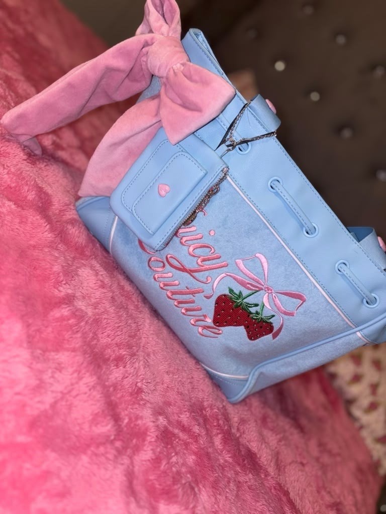 Blue Pink Strawberry Embroidered Small Satchel Top Handle Zip Lined Charm