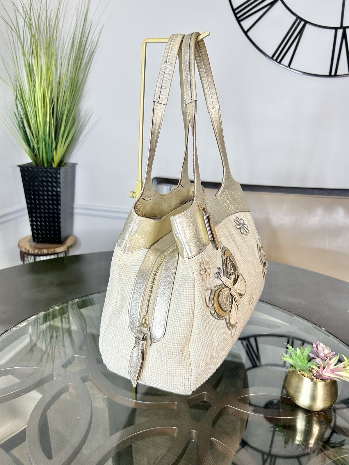 Vintage Coach Lexi Woven Straw Butterfly Tote Metallic Gold Leather Bag F16584