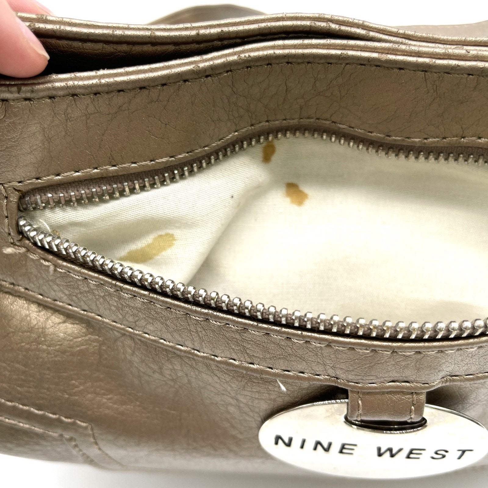 Nine West Shoulder Bag Handbag Bronze Gold Metallic Faux Leather Glam Classic
