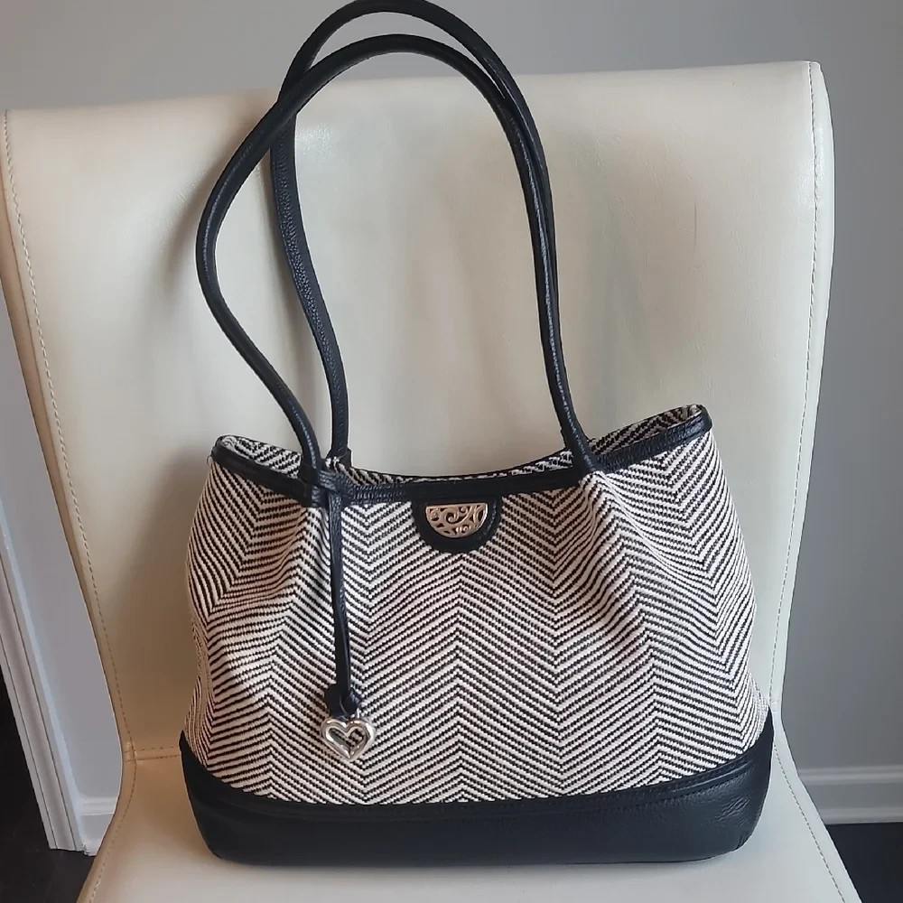 Brighton Black & White Pretty Tough CALA Tote Herringbone Fabric & Leather