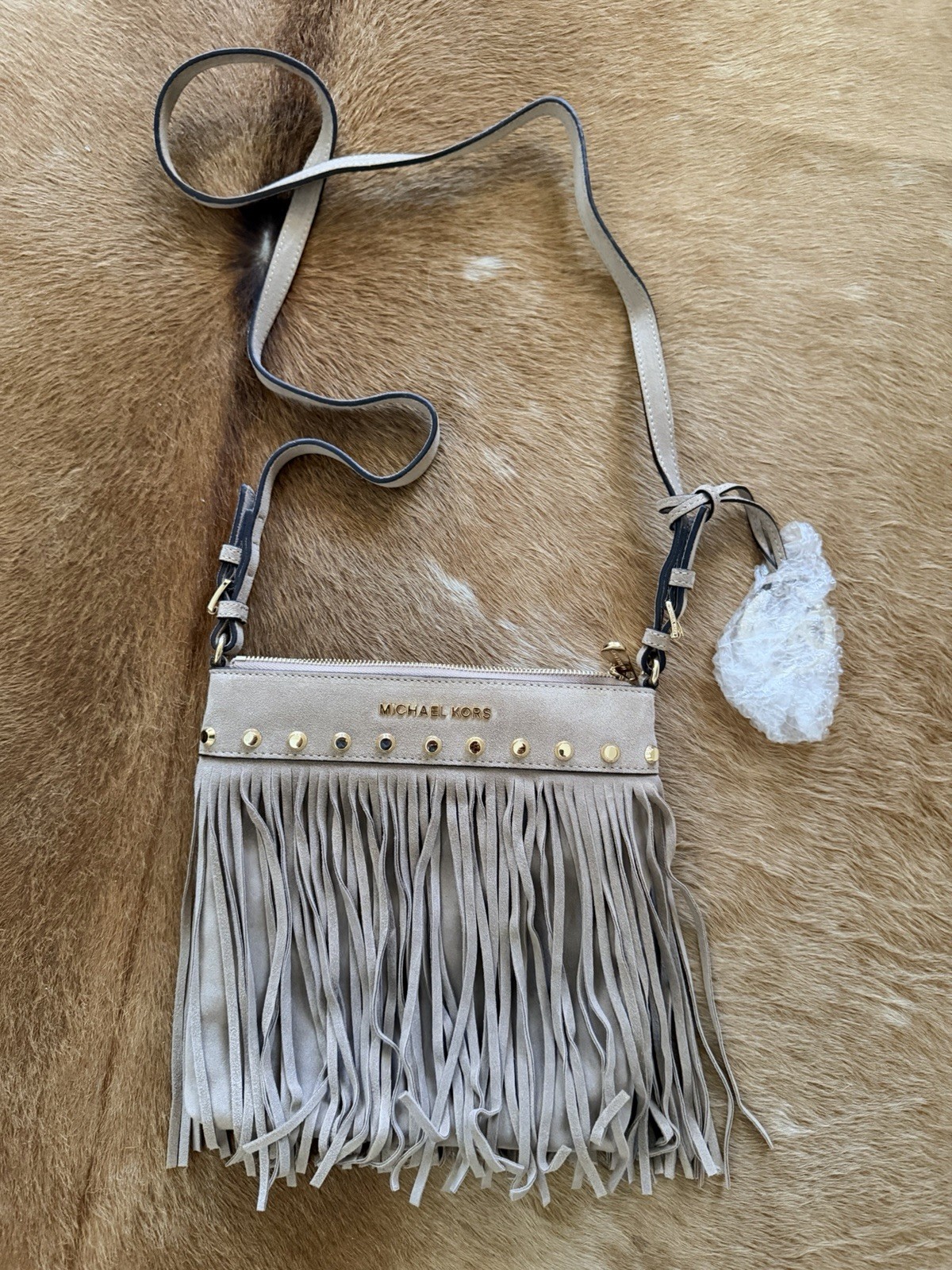 Michael Kors Purse Dark Dune Suede Fringe & Studs Billy Crossbody Shoulder Bag