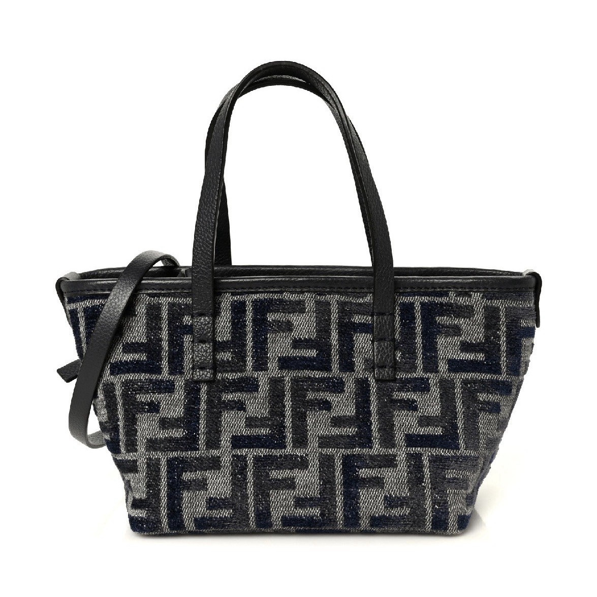 Fendi Zucca FF Monogram Blue/Gray Tote Bag Zip Top Double Handles Gold