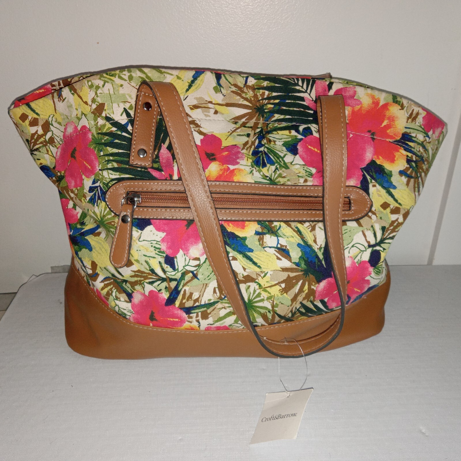 Croft & Barrow Flowered Bag Purse Brown Handles 12 x 17 Inches Cotton NWT