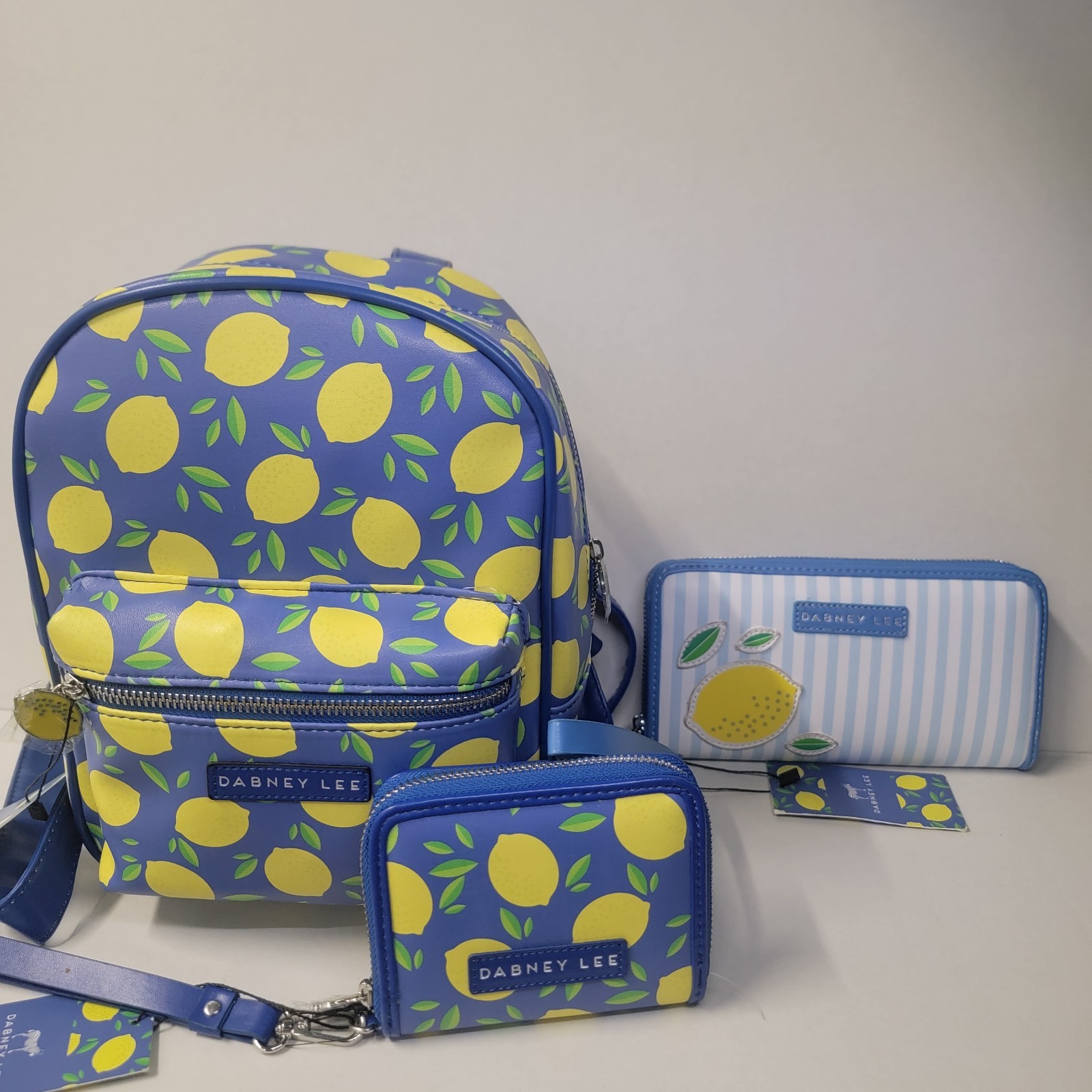 NEW Dabney Lee Lemon 🍋 Blue Backpack With Zip Wallet & Wristlet Lot Of 3 Bundle