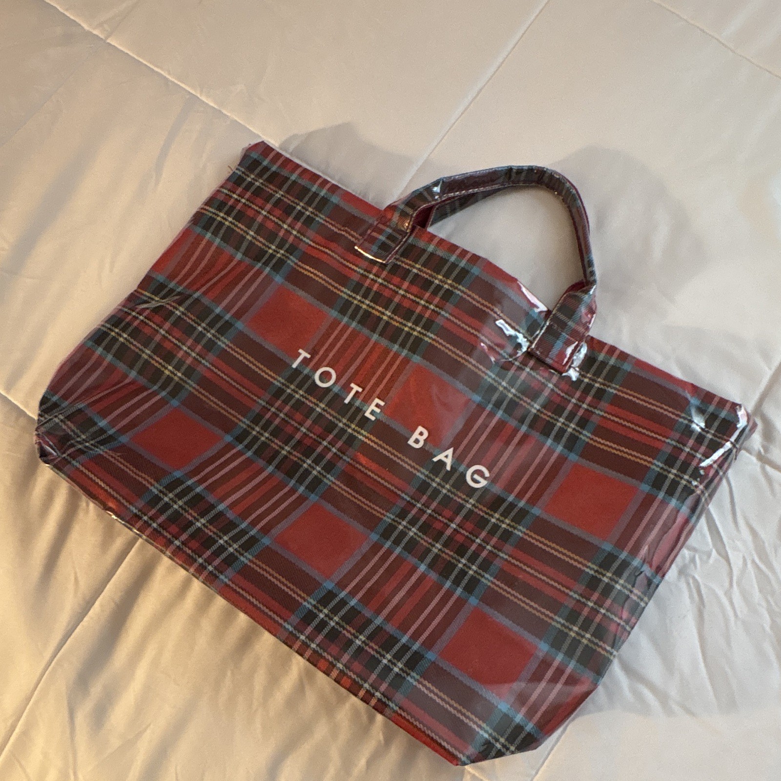 Red Plaid Tote Bag with Zip Closure, Top Handle, Inner Pockets & Beige Lining
