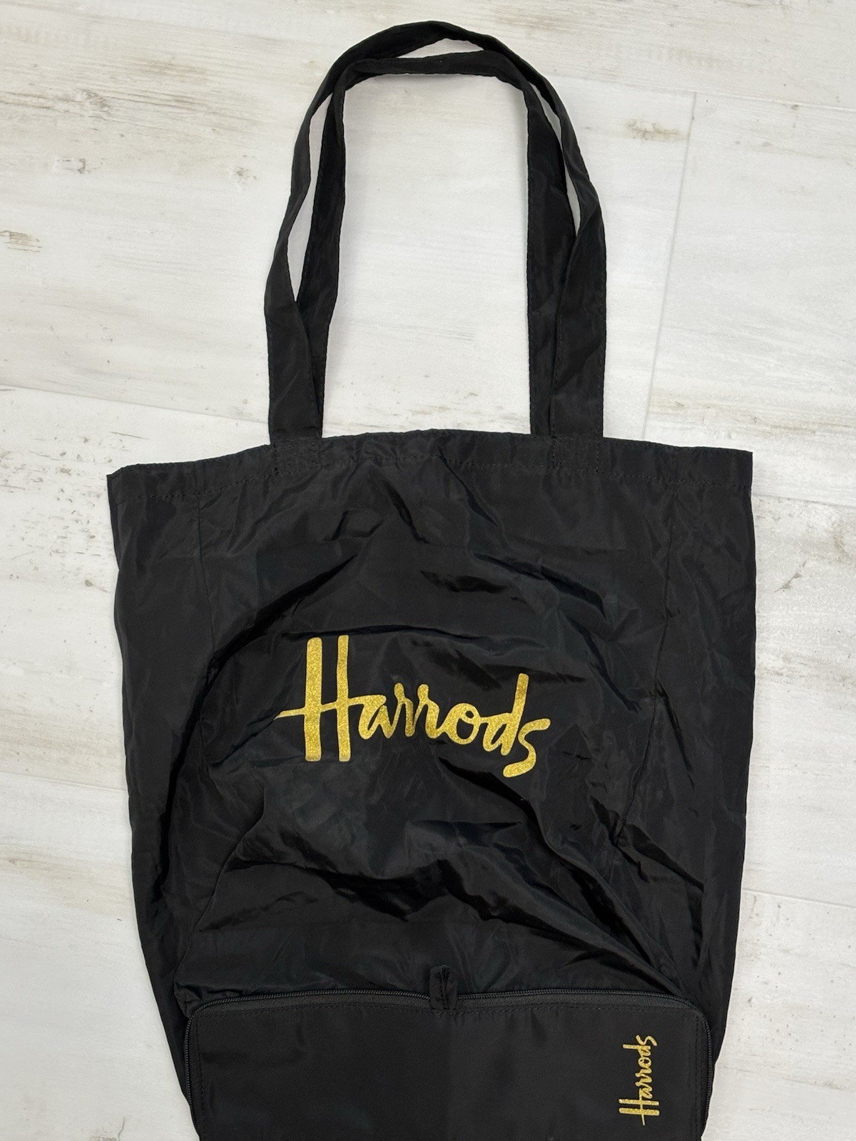 Harrods Shopping Bag Tote Gold Logo Packable Travel VGC