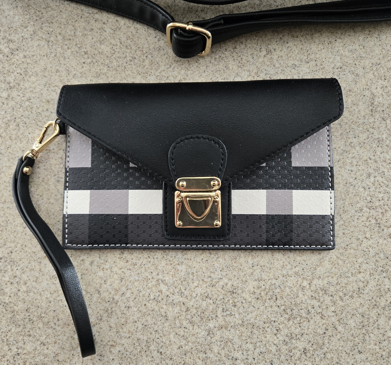 Calista Vegan Leather Satchel Gray & Black Plaid Tote W/ Gold Accents Zip Close
