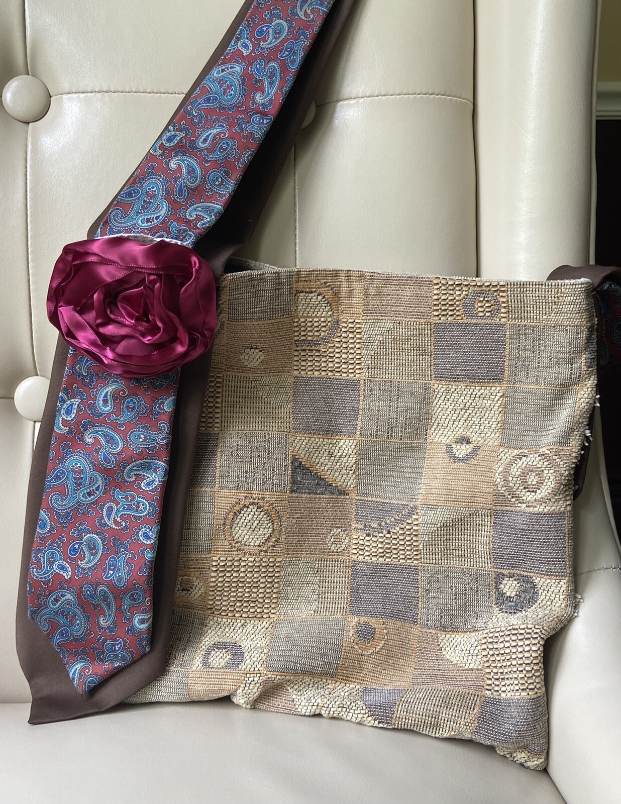 Handmade Tote Bag Woven Fabric Unique Silk Tie Straps Messenger Neutral Red Blue