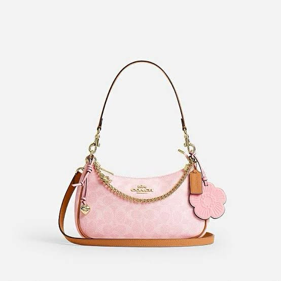 Coach Pink Logo Pattern Shoulder Bag Gold Hardware Zip Top Detachable Strap