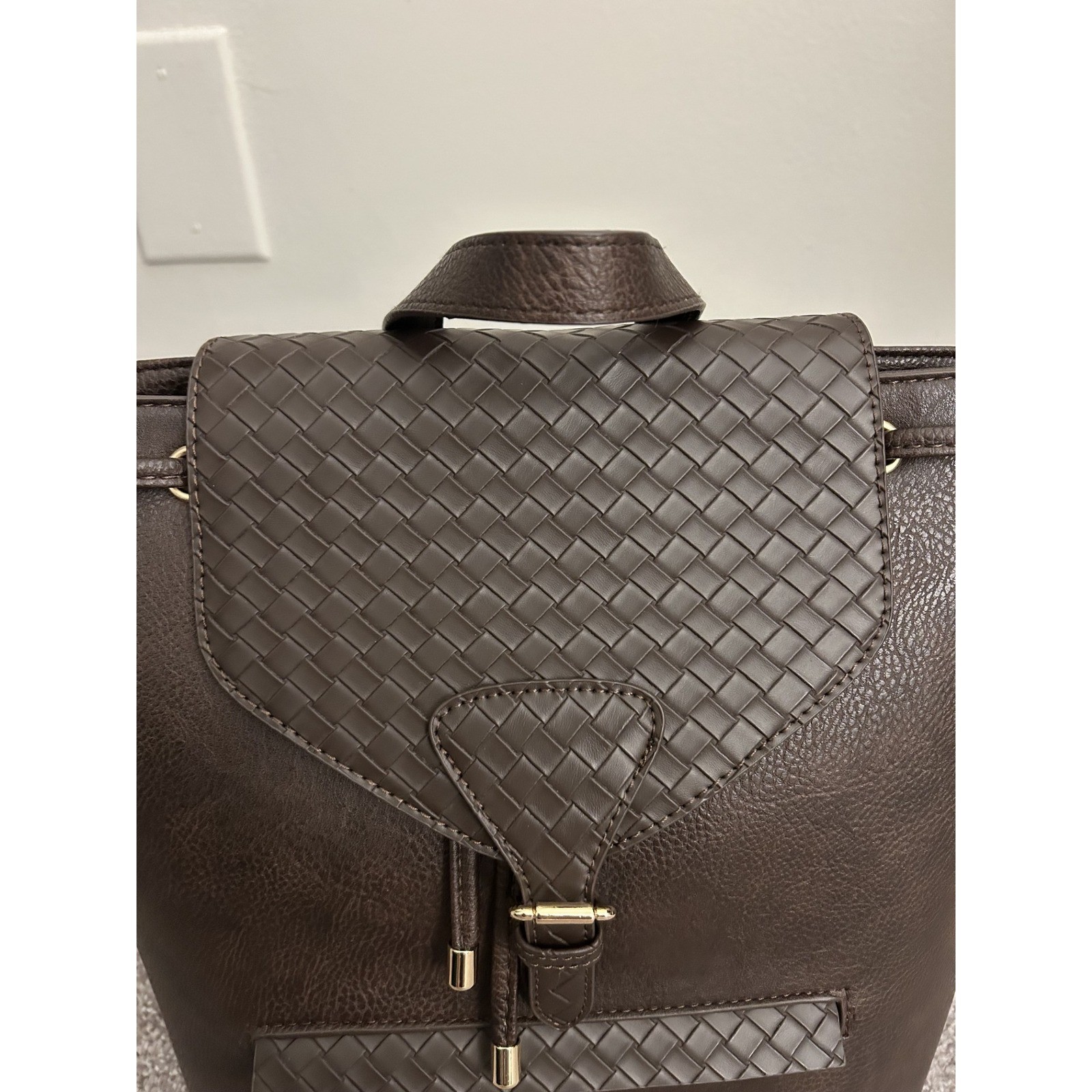 Catherine Malandrino Backpack Womens OS Brown New Woven Faux Leather Drawstring