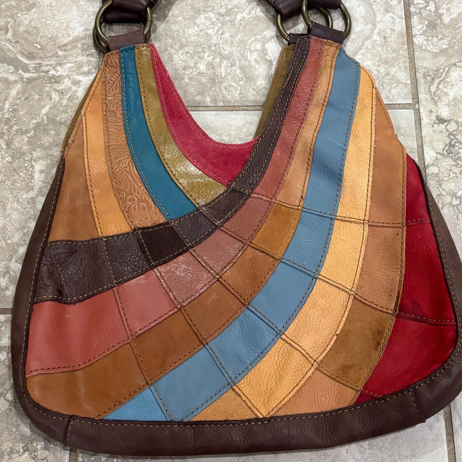 Y2K Lucky Brand Vintage Inspired Patchwork Leather Suede Hobo Bag Multicolor