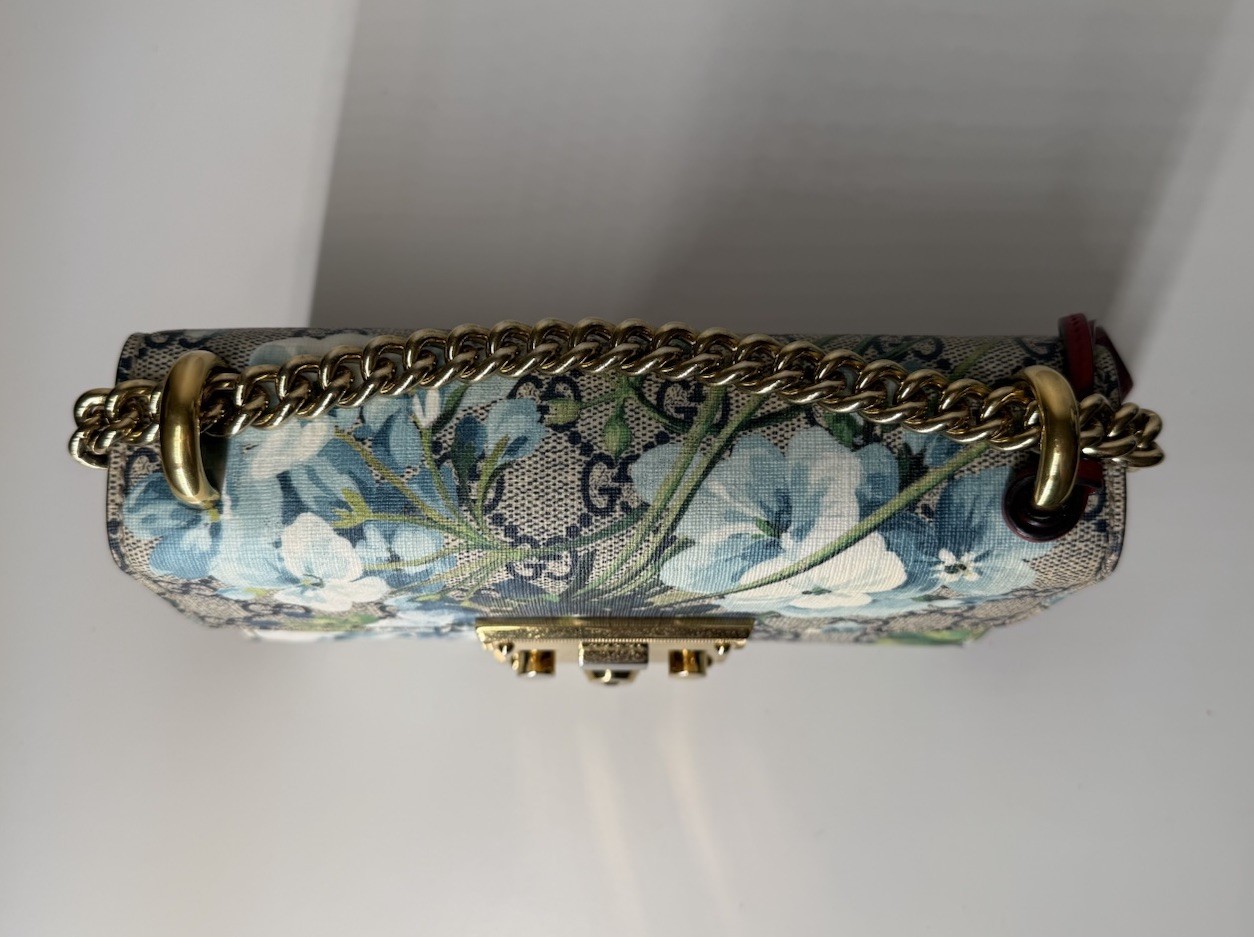 GUCCI GG Supreme Blooms Padlock Small Shoulder Bag Blue Floral Print