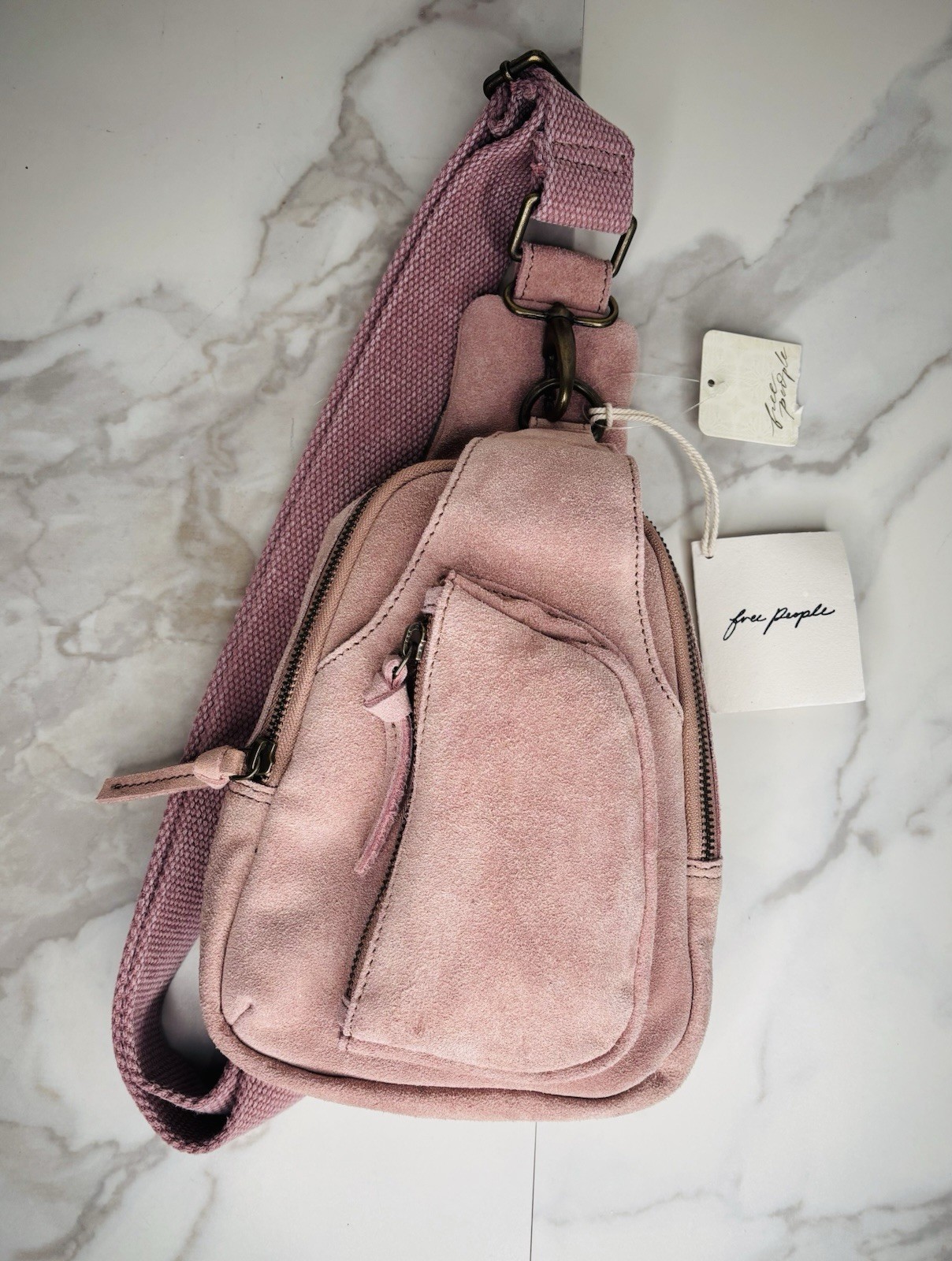 New Free People Dusty Rose Pink Hudson Suede Leather Sling Bag w/ Canvas Strap