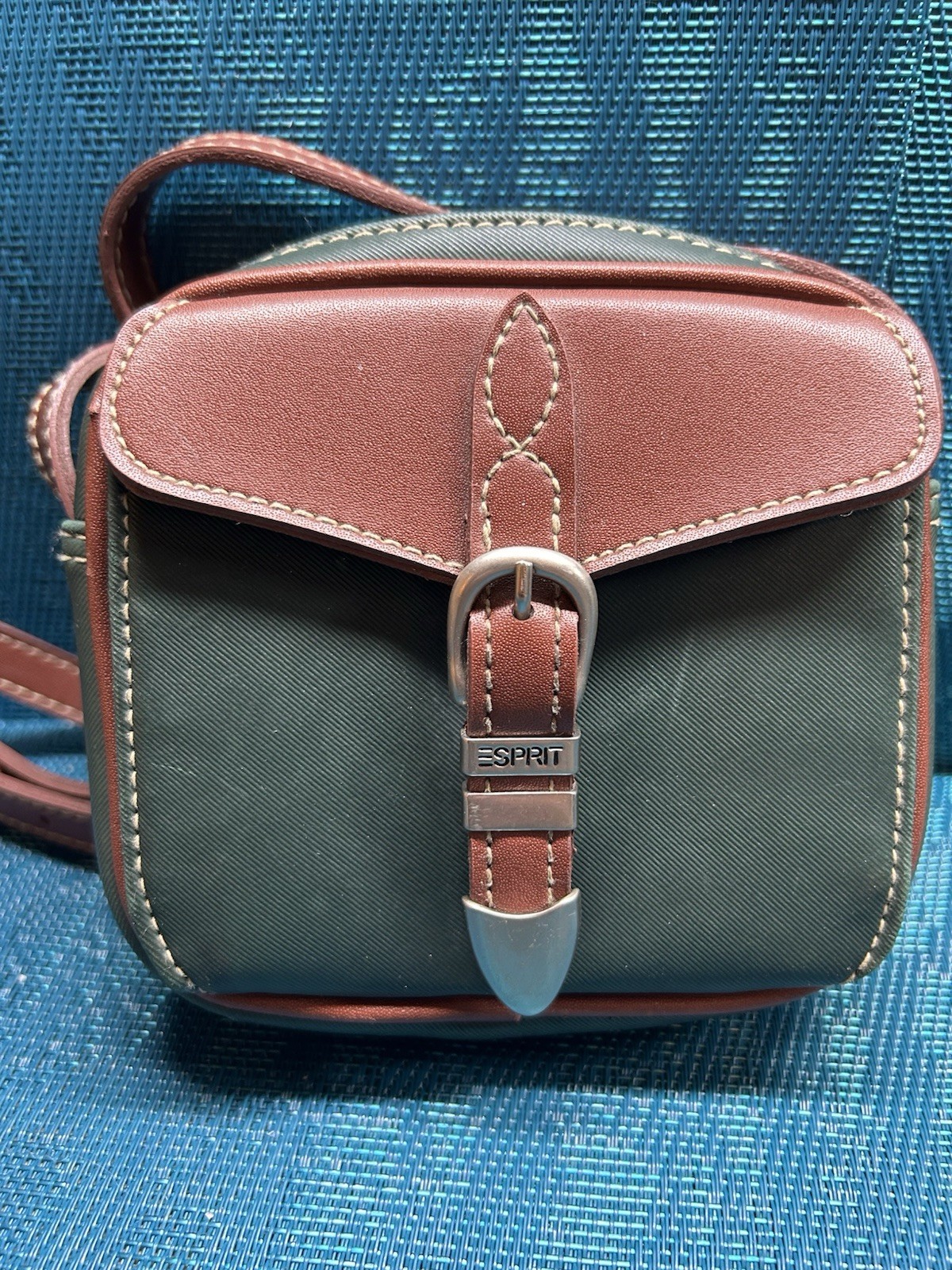 Vintage Esprit Green & Brown Mini Crossbody Bag Faux Leather Buckle Flap Purse